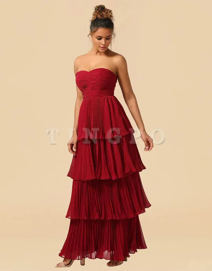 Wholesale A-Line Burgundy Strapless Long Tiered Chiffon Bridesmaid Dress Bridesmaid dress shop
